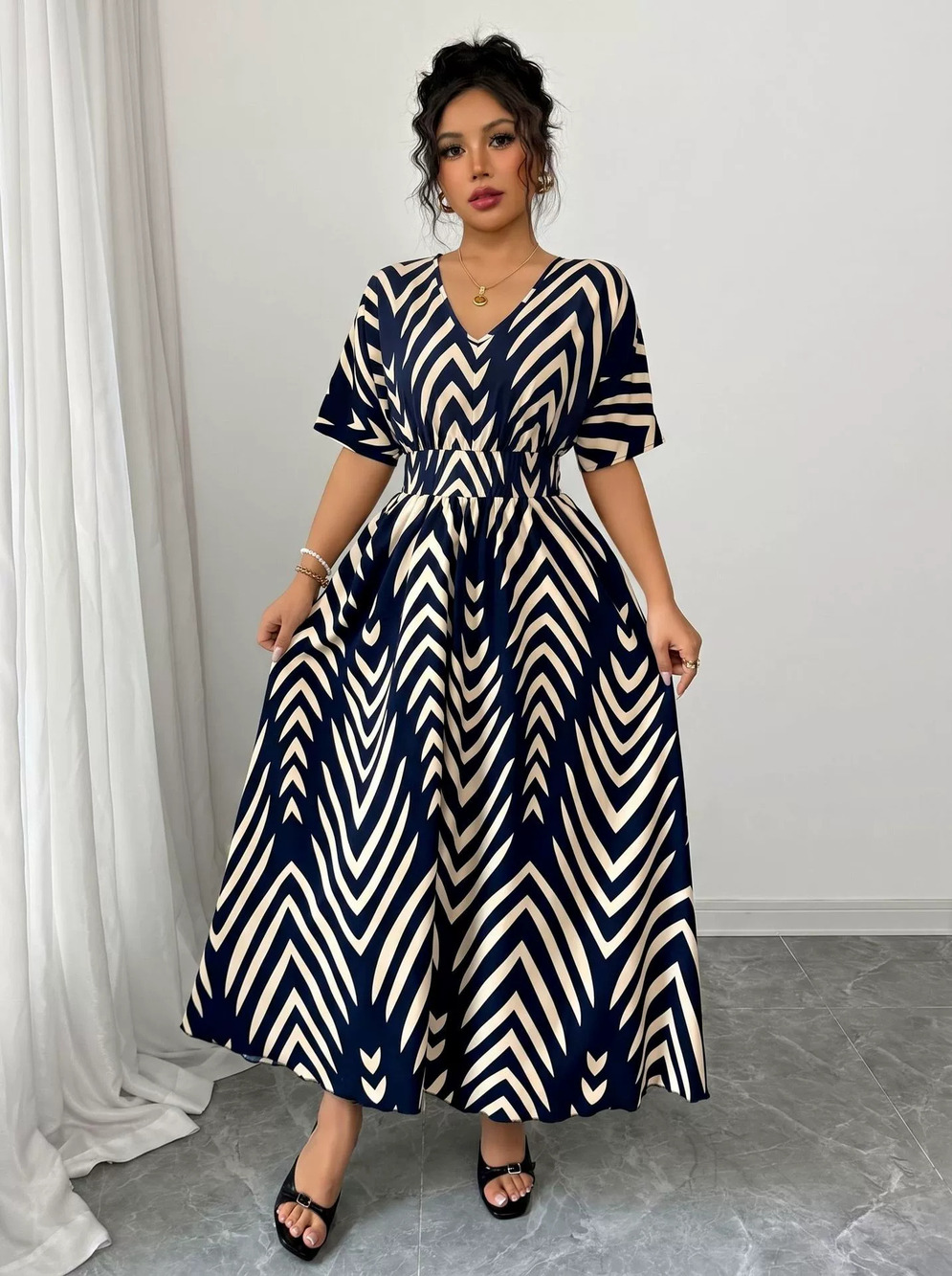 ZARA Womens Summer Short Sleeve Twill Flare Dress with Cinched Waist